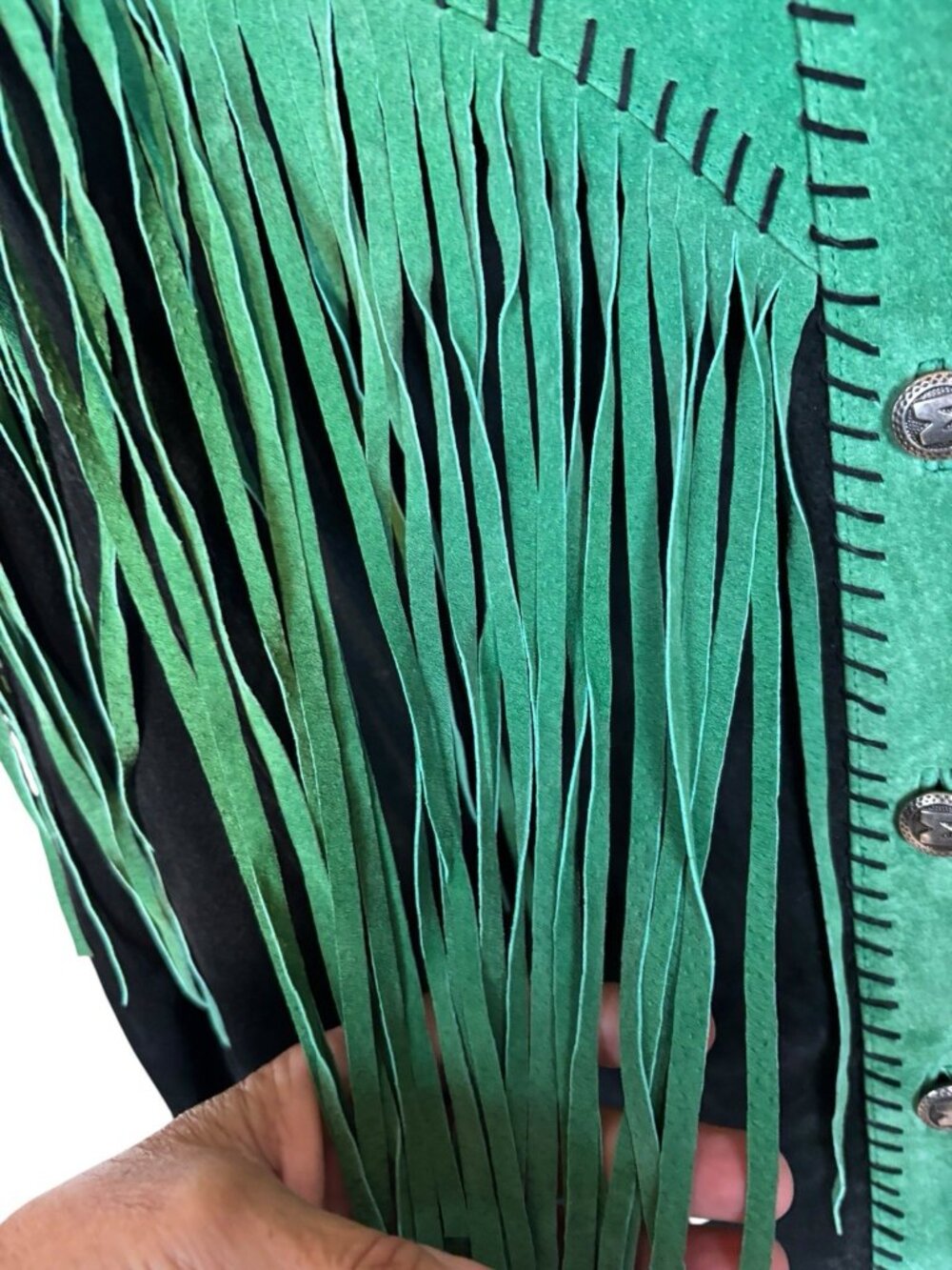 Bob Mackie Jacket Womens XL Green Suede Leather Fringe Western Cowboy Art 90s - Picture 6 of 13